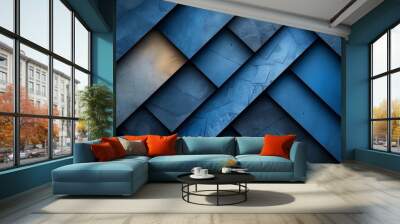 A stylish blue pattern with alternating diagonal stripes and shadows, highlighted by a spot of light Wall mural