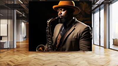 A stylish saxophonist serenades the audience with soulful jazz, his fedora adding a touch of old-school charm to his indoor concert performance Wall mural