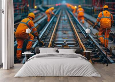 A team of railway workers in high visibility clothing working on maintaining and repairing railway tracks Wall mural