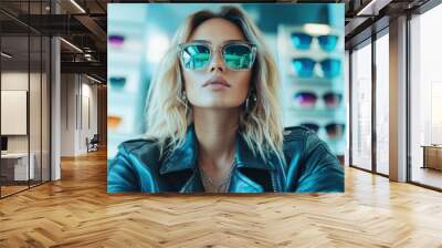 A trendy woman in mirrored sunglasses and leather jacket poses confidently in a bright showroom filled with various designer eyewear, illustrating modern shopping elegance. Wall mural