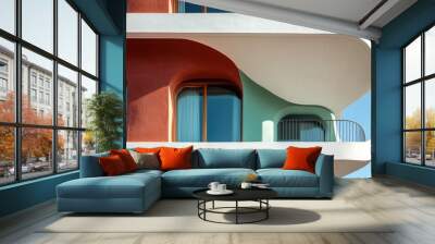 A vibrant building featuring rounded architectural elements, balconies, and large windows set against a clear blue sky, showcasing modern architectural design. Wall mural