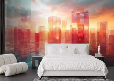 A visual representation of an abstract cityscape silhouette against a vibrant sunset, reflecting off a wet surface Wall mural