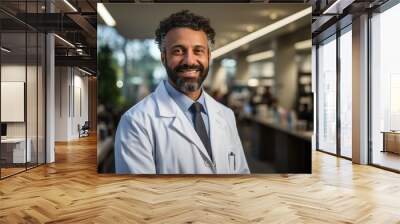 A well-dressed man with a warm smile stands confidently against a stark white wall, his crisp dress shirt and collared coat symbolizing professionalism and sophistication within the indoor setting Wall mural