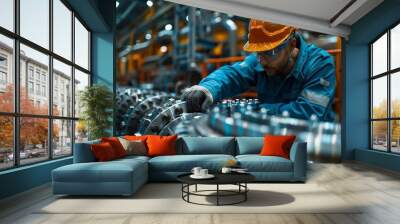 A worker in safety gear inspects heavy machinery components in an industrial setting, reflecting manufacturing and engineering concepts Wall mural