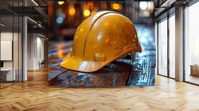 A worn yellow construction helmet is placed on a textured wooden table with bokeh lights Wall mural