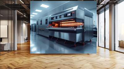 An advanced industrial bakery oven is showcased in a clean and well-lit factory setting Wall mural