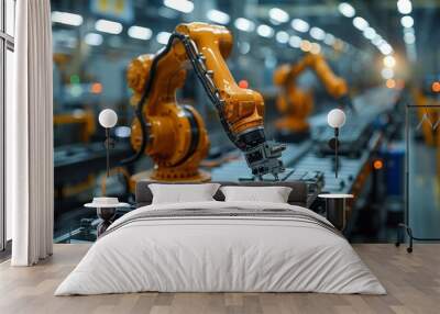 An advanced industrial robot arm operates on a manufacturing line in a modern factory environment Wall mural