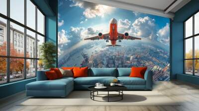 An aerial view of a commercial jet airplane flying above a densely packed industrial port zone Wall mural