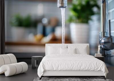 An image showing water streaming from a modern kitchen faucet into a sink, with potted plants blurred in the background, highlighting freshness and home comfort. Wall mural