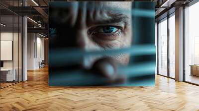 An individual is intensely peeking through blinds with a focused and watchful expression, capturing a sense of curiosity and possibly tension or anticipation. Wall mural