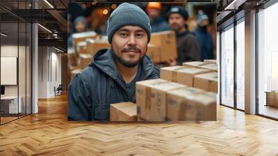 Cheerful man with parcels in background holds a cardboard box and beams at the camera Wall mural