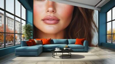 Close-up image focusing on a woman's immaculate lips and skin texture, capturing the radiance, allure, and natural beauty with artistic finesse. Wall mural