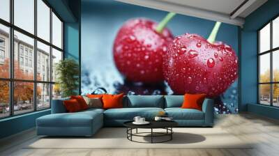 Close-up image of two cherries adorned with water droplets, resting on a smooth reflective surface to highlight their bright red hues and natural freshness. Wall mural