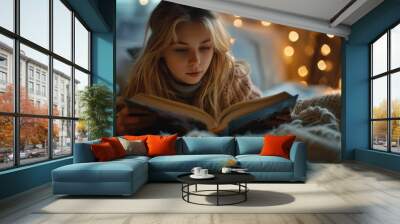 Cozy image of a concentrated young woman reading a book with twinkling fairy lights in the background Wall mural