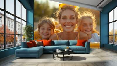 Happy mother with two daughters smiling while riding in a convertible against a sunny backdrop Represents family joy, travel, and leisure activities Wall mural