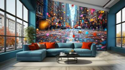 Image captures a lively mood with colorful confetti on a city street, possibly after a festive event Wall mural