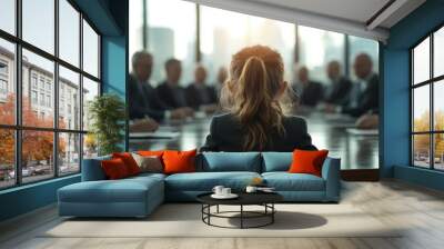 In a sunlit boardroom, a little girl in a suit, viewed from behind, orchestrates a meeting with a group of executives, embodying leadership and boldness. Wall mural