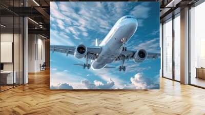 Passenger airplane ascending into a clear blue sky, indicating travel and global connectivity Wall mural