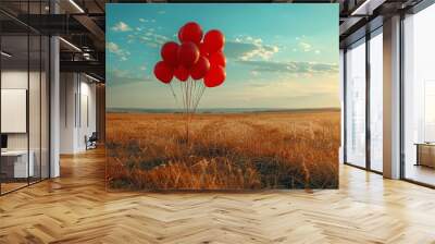 Red balloons against a sunset sky in a serene field, conveying freedom and celebration Wall mural