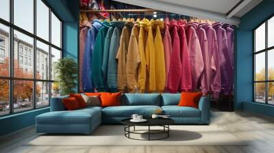 Row of colorful hoodies hanging on a rack in a clothing store with a modern retail environment Wall mural