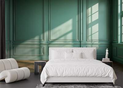 Sunlit empty room with green panels and herringbone floor casting soft afternoon shadows Wall mural