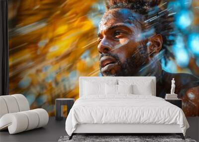 The focused figure of a muscular individual is set against an abstract background of blurred motion and colors Wall mural