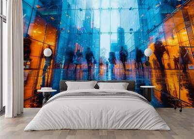 The image captures the dynamic feel of city life with motion blur of people walking in a glass corridor Wall mural