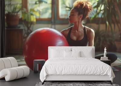 The image features a fit woman with an obscured face sitting next to a large red exercise ball in a warmly lit room Wall mural