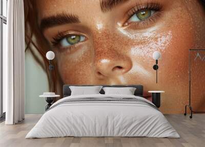 This image displays a freckled woman's radiant face with glossy lips, emphasizing her sparkling eyes and glowing skin in perfect lighting conditions. Wall mural