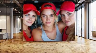 Three women wearing red caps pose together, smiling brightly at the camera. Their casual attire suggests a candid moment of friendship and unity. Wall mural