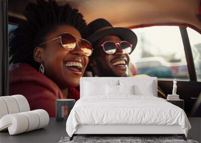 Travel, road trip and black people couple driving by countryside for holiday, journey and freedom with happiness. Trendy sunglasses, fashion and gen z friends in a car drive for vacation lifestyle Wall mural