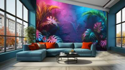 Tropical plants cast in neon lights against a textured urban wall create a unique contrasting aesthetic Wall mural