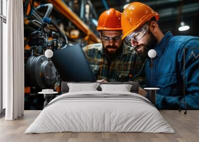 Two technicians in hard hats and protective eyewear study a laptop, working diligently on equipment inside an industrial plant dedicated to technical excellence. Wall mural