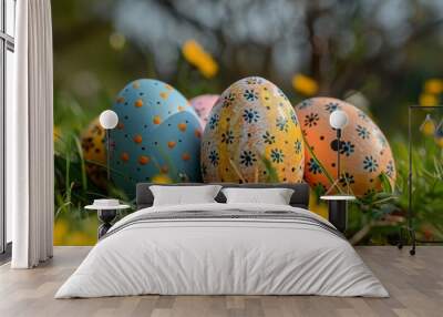 vibrant easter eggs with patterns, hidden among the yellow flowers and greenery of spring Wall mural