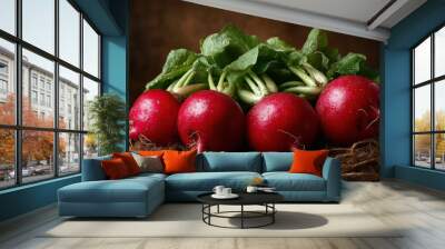 Vibrant red radishes with lush green tops rest on a natural fiber mat, showcasing their fresh and organic appeal, perfect for a healthy lifestyle and cooking. Wall mural