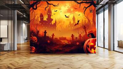 halloween background with pumpkins and bats Wall mural