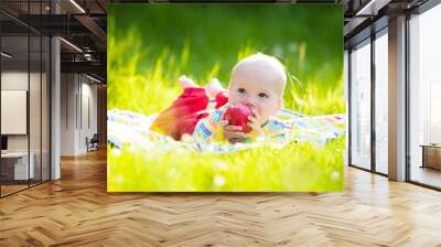 Baby boy with apple on family garden picnic Wall mural