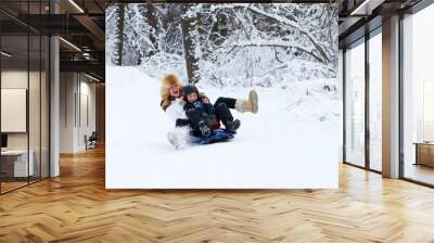 Mother and son enjoying a sleigh ride on a beautiful winter day Wall mural