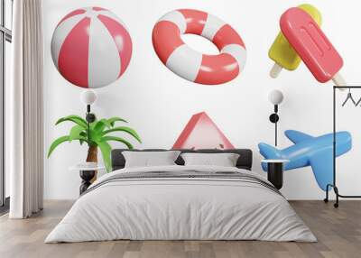 3d summer vacation icon set on transparent background Wall mural