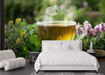 A cup of steaming herbal tea surrounded by fresh herbs on a wooden table. Wall mural