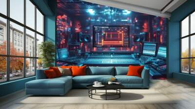 A futuristic music studio with a large mixing console, computer monitors, and speakers. Wall mural