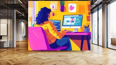 A woman sits at a desk with two computer monitors, one displaying code, and works from home. Wall mural