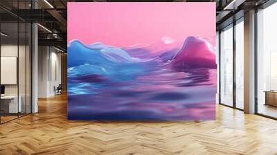 Abstract, digital rendering of blue and pink waves and peaks against a pink background. Wall mural