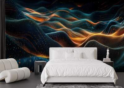 Abstract digital wave pattern with glowing orange and blue lights, resembling a futuristic landscape. Wall mural