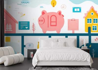 Illustration of piggy banks with houses and other objects on a line, representing savings and investment. Wall mural