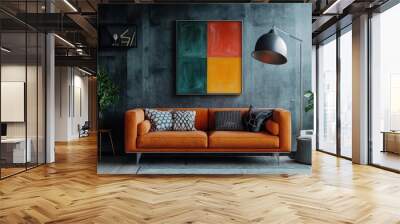 Modern living room with orange couch, colorful artwork, plants, and a floor lamp. Wall mural