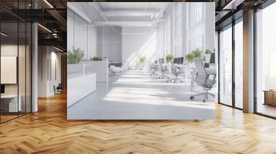 Modern minimalist office interior design with white walls, large windows, and white desks and chairs, with plants adding a touch of nature. Wall mural