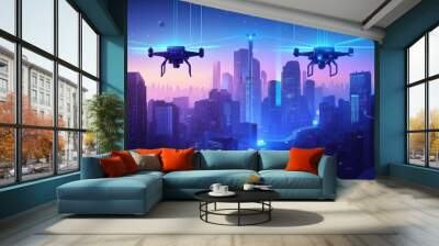 Two drones fly over a futuristic city at night, illuminated by neon lights. Wall mural