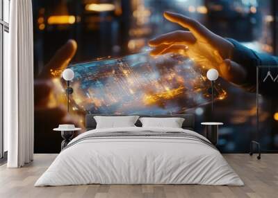 Two hands reach for a transparent holographic screen displaying a futuristic city. Wall mural