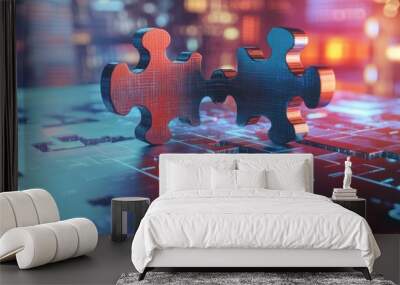 Two metallic puzzle pieces interlock on a digital background, representing teamwork and connection. Wall mural